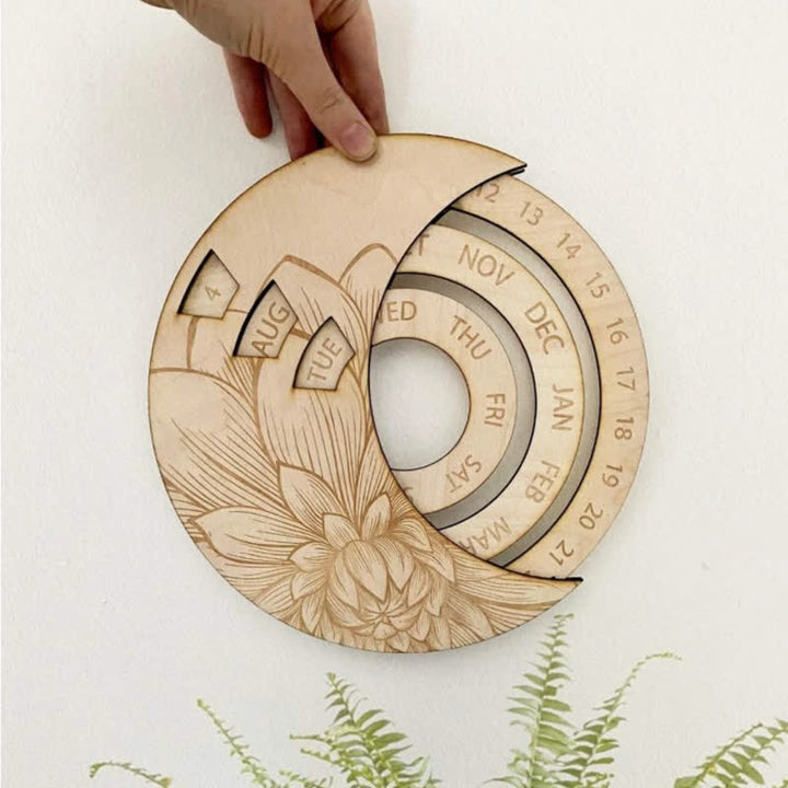 Olivenorma Circle Wooden Crescent Moon Perpetual Calendar Wall Decor - White - image 0