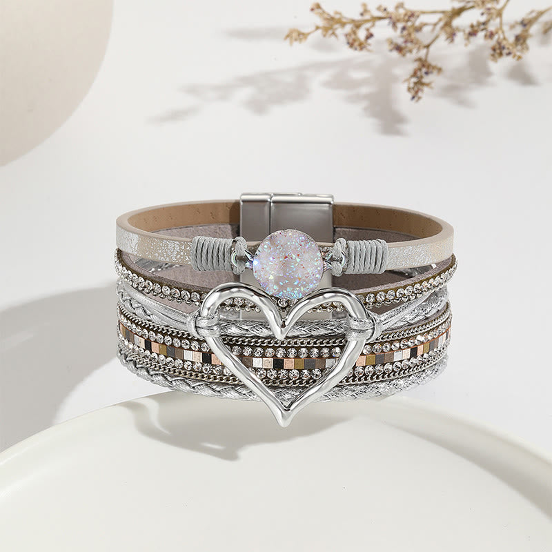 Olivenorma Multicolor Crystal Cluster Metallic Heart Braided Leather Bracelet - Silver - image 8