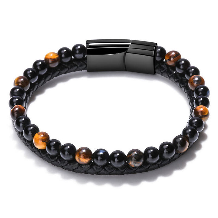 Olivenorma Mens Beaded Leather Two Layer Bracelet - Tiger Eye - 23cm - image 1