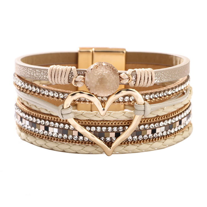 Olivenorma Bohemia Leather Wrap Hollow Heart Bracelet  - Sun Stone - image 0
