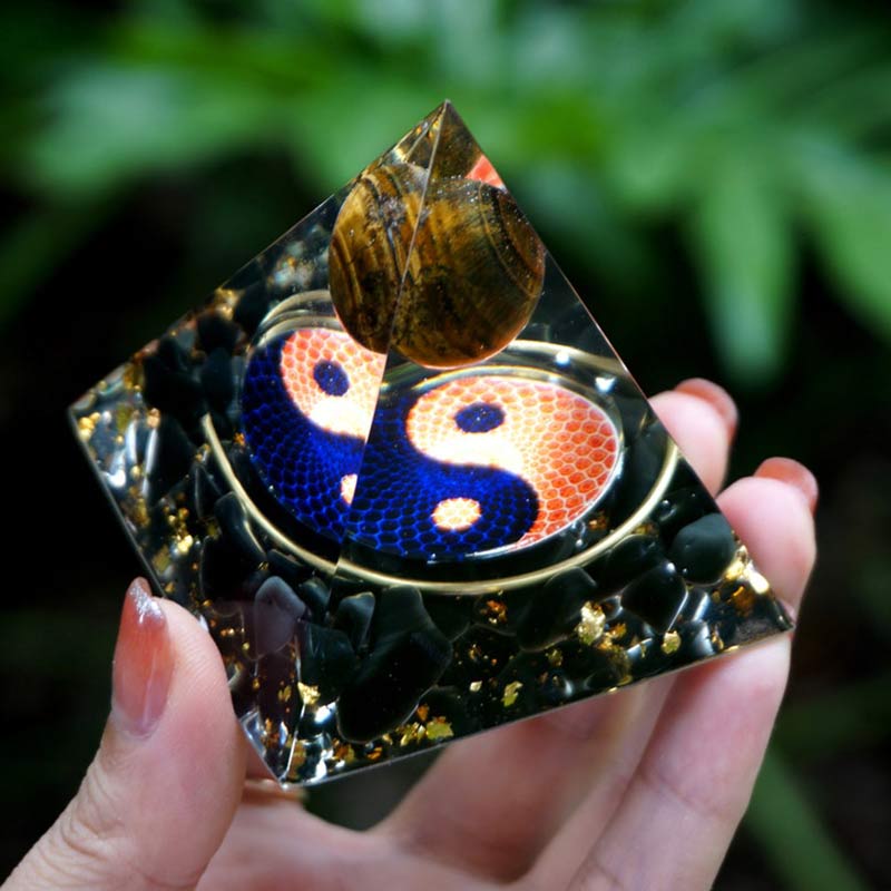 Olivenorma Tiger Eye Sphere With Obsidian Reki Orgone Pyramid - image 2