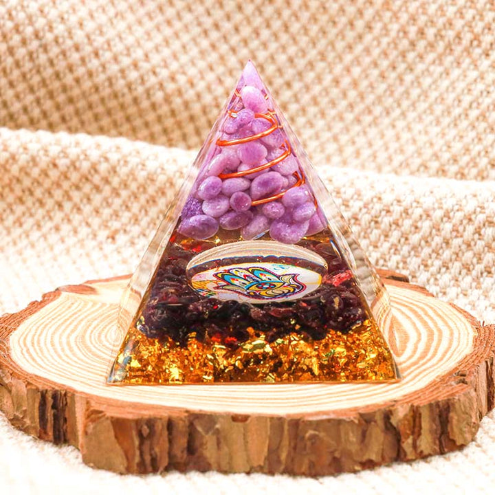 Olivenorma Purple Jade With Garnet Hamsa Healing Orgone Pyramid - image 1