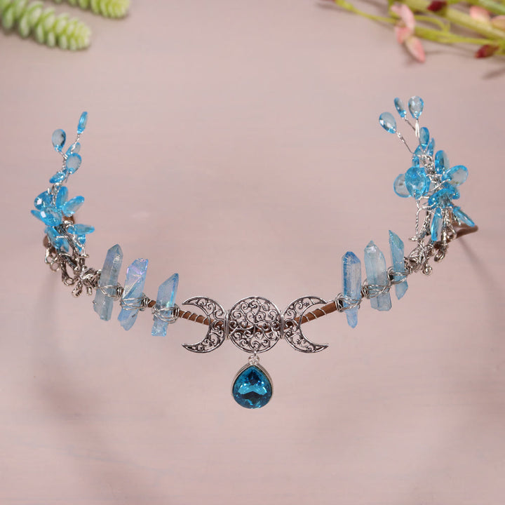 Olivenorma Natural Crystal Sun Moon Woven Flower Crystal Crown - Aquamarine - image 17