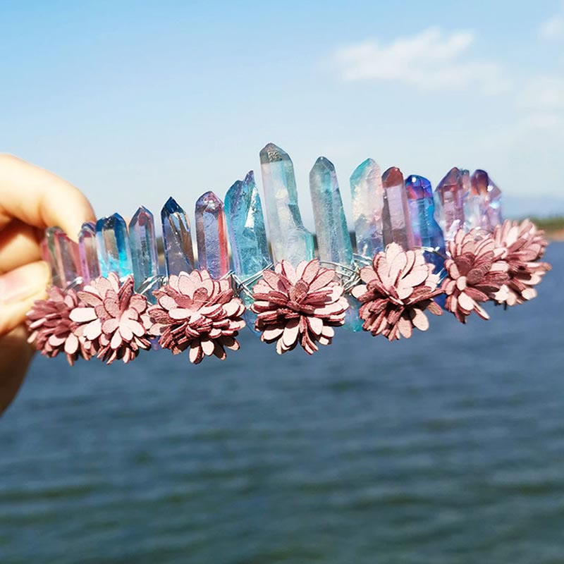 Olivenorma Natural Crystal Rainbow Crown Flower Tiara - Pink Blue Titanium Quartz - image 12
