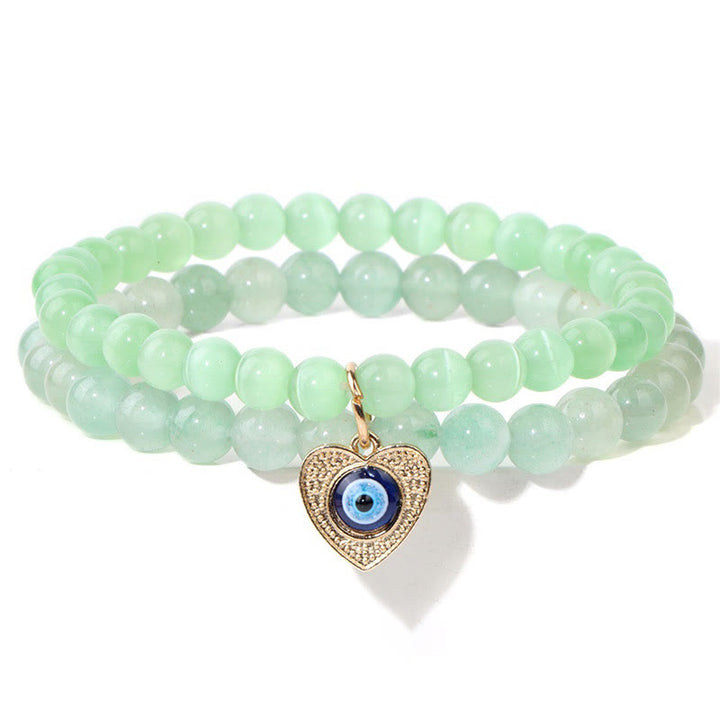 Olivenorma Cat's Eye Stone Evil Eye Pendant Double Layer Bracelet - Green - image 3