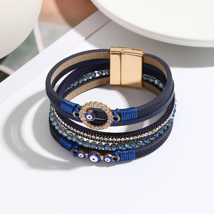 Olivenorma White Zircon Boho Evil Eye Metal Wide Leather Bracelet - Royal Blue&Evil Eye - image 9
