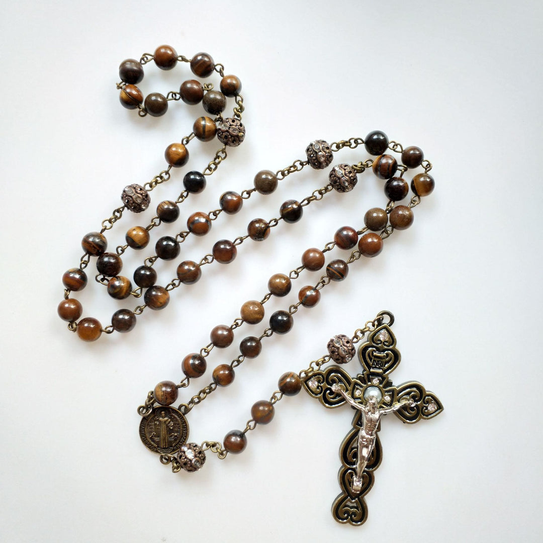 Olivenorma Grade A Tiger Eye Cross Pendant Rosary Necklace - image 3