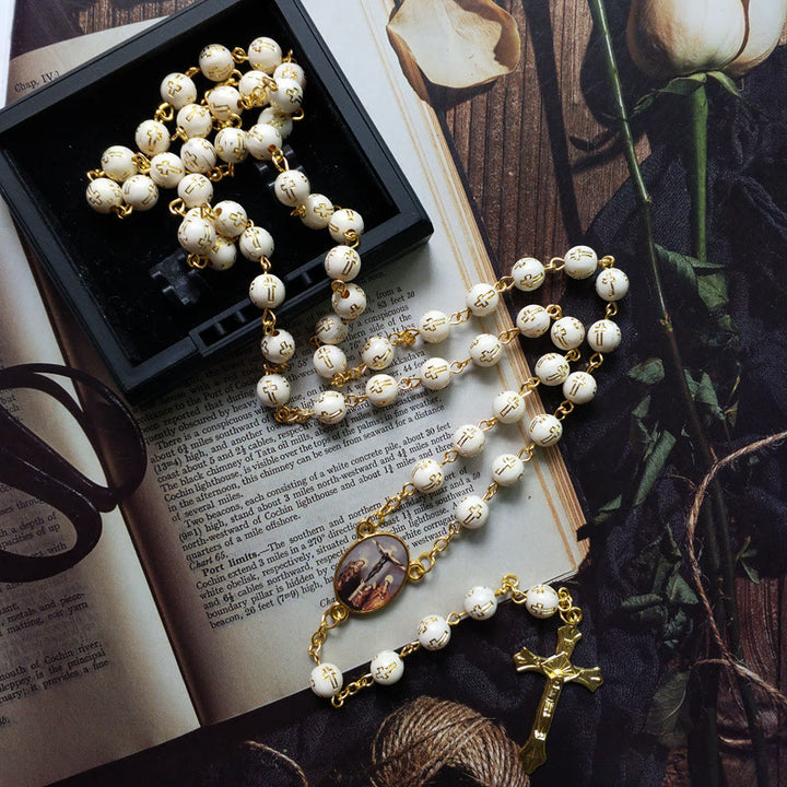 Olivenorma Acrylic Bronzing Cross Bead Rosary Necklace - Acrylic Bead&Cross - image 0