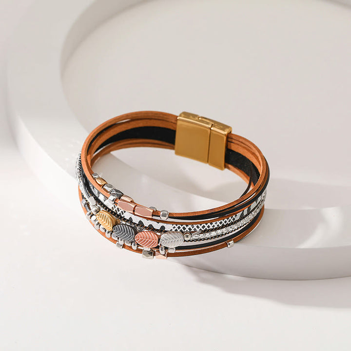 Olivenorma Hematite White Zircon Leaf Tiered Leather Bracelet - image 13
