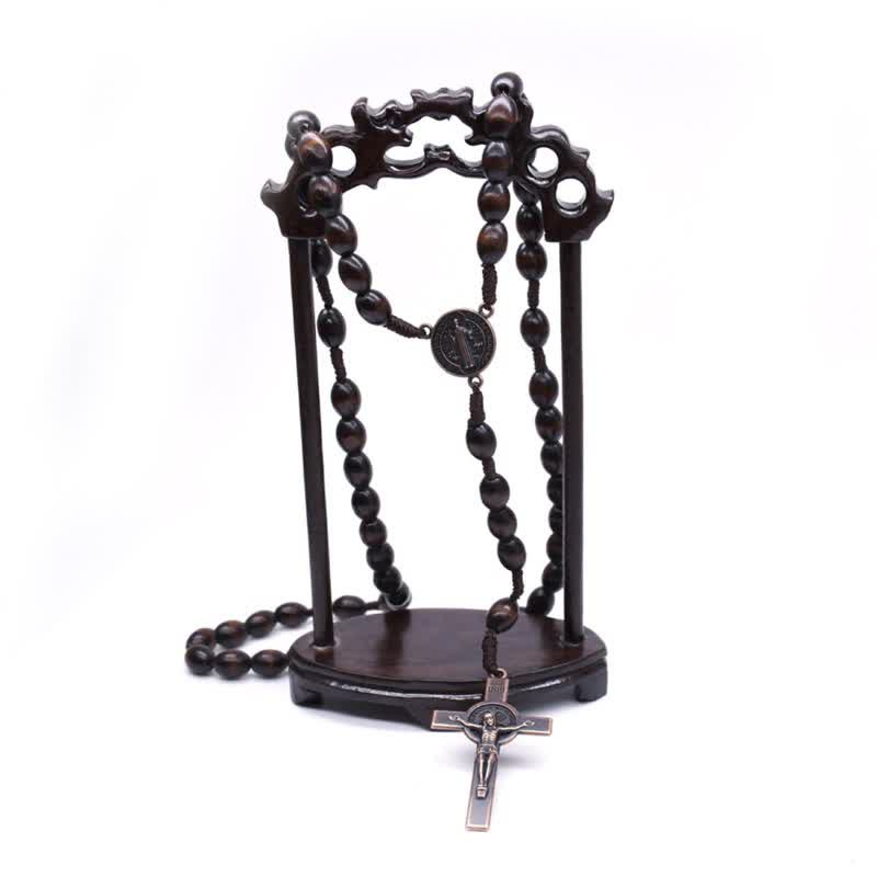 Olivenorma Knitted Vintage Cross Wood Rosary Necklace - image 3