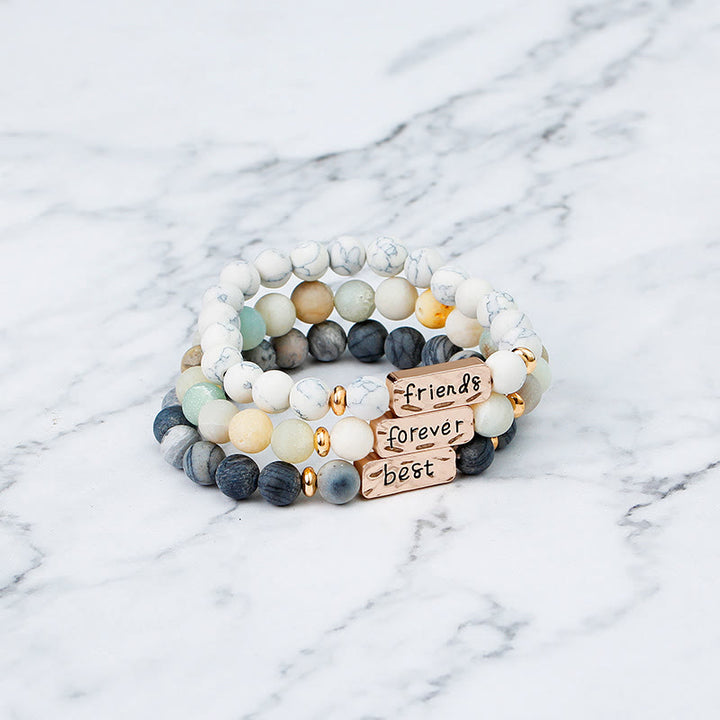 Olivenorma Natural Gemstone Best Friend Forever 3 Piece Engraving Bracelet Set - Grey Jasper&White Turquoise&Colourful Gemstone - image 14