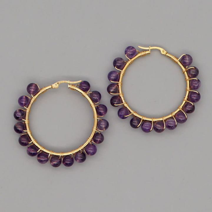 Olivenorma Boho Natural Crystal Beads Large Hoop Earrings - Amethyst - image 4