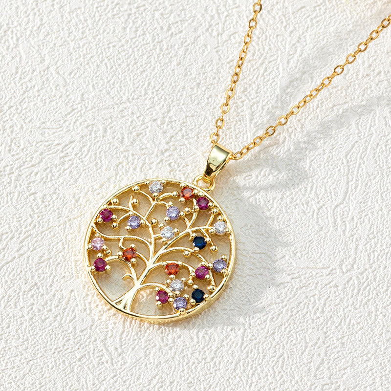 Olivenorma Zircon Round Hollow Tree of Life Pendant Clavicle Necklace - Round Color Zirconia & Tree of Life #2 - image 5