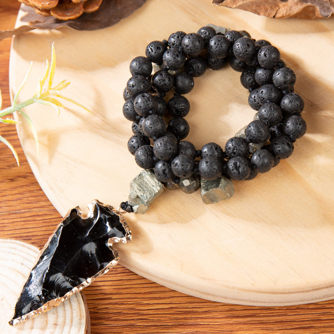 Olivenorma Obsidian Lava Stone Arrow Pendant Mala Necklace - image 2