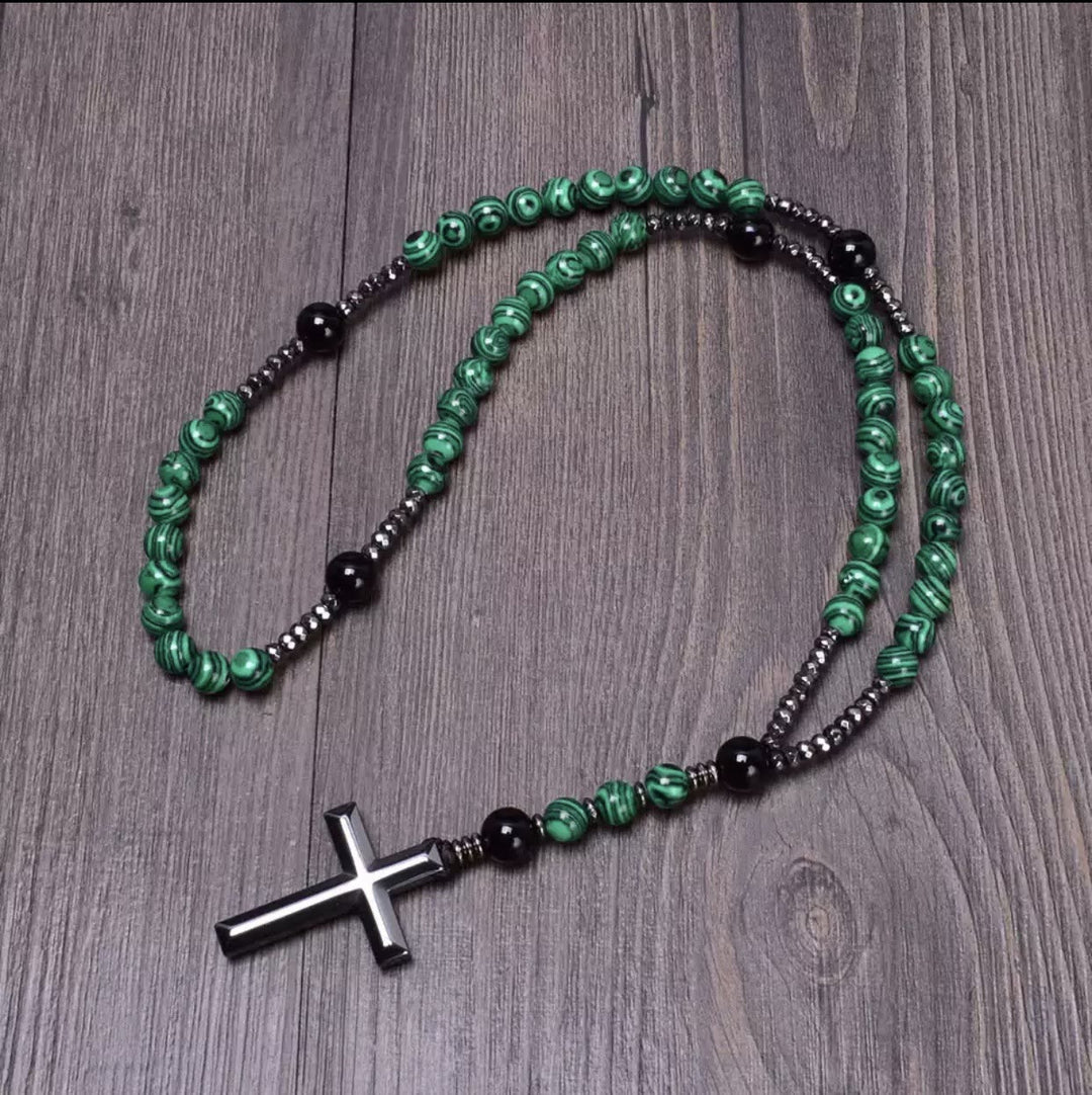 Olivenorma Cross Catholic Natural Stone Rosary Pendant Necklace - Malachite - image 18