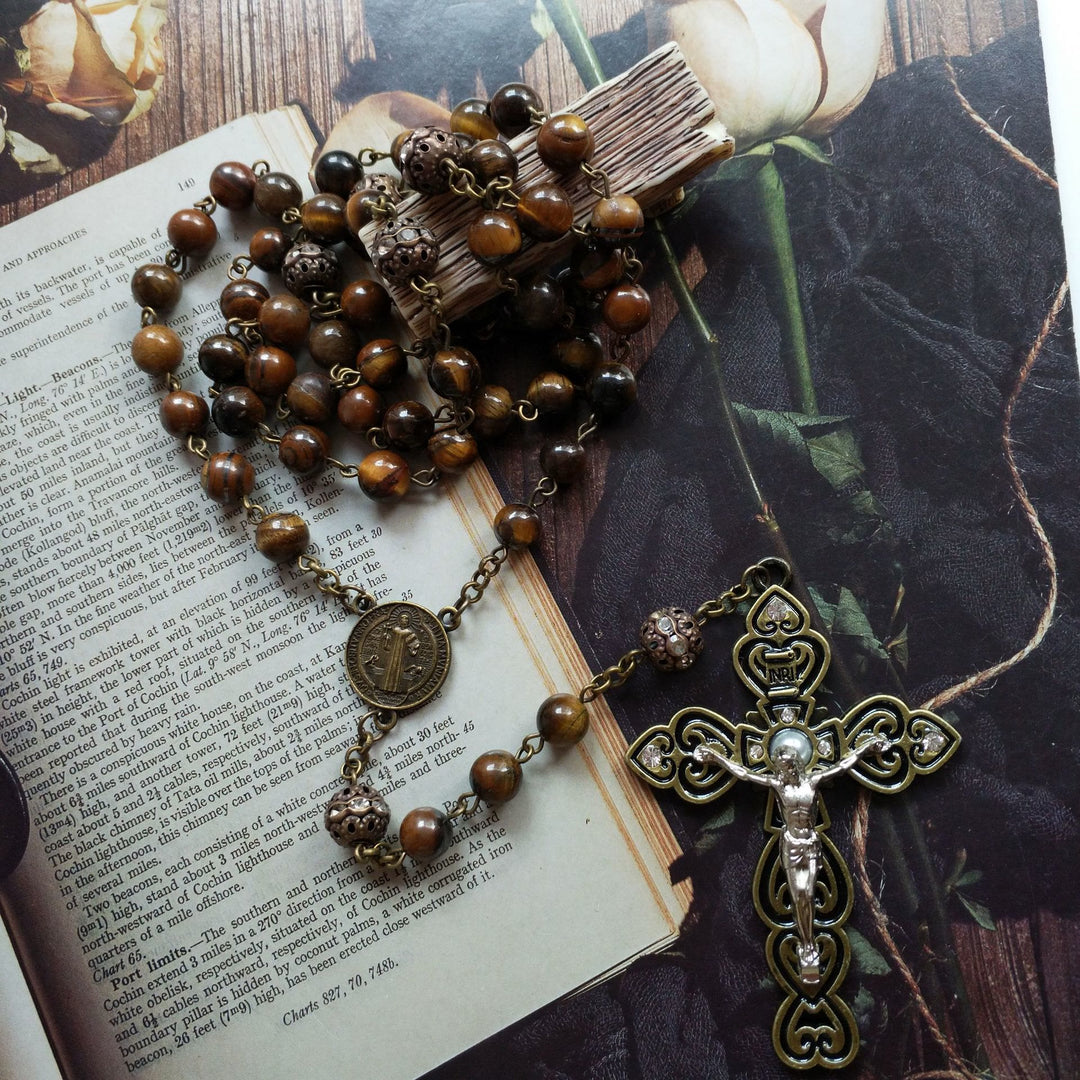 Olivenorma Grade A Tiger Eye Cross Pendant Rosary Necklace - image 2
