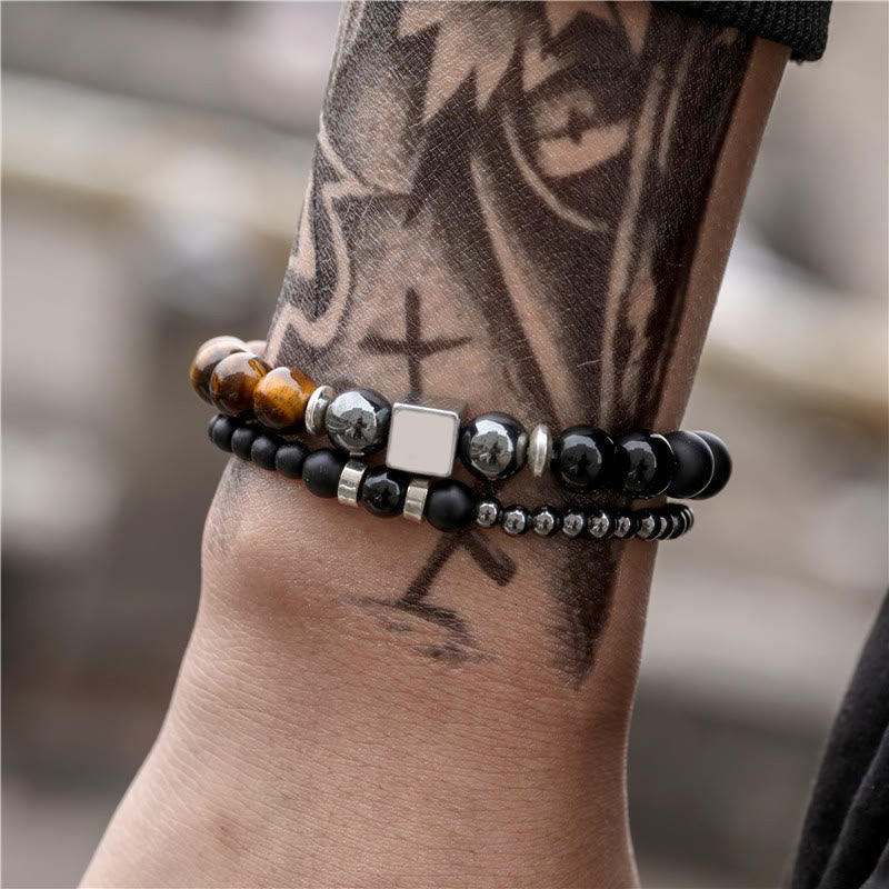 Olivenorma Frosted Tiger Eye Black Cube Stretch Bracelet Set - image 2