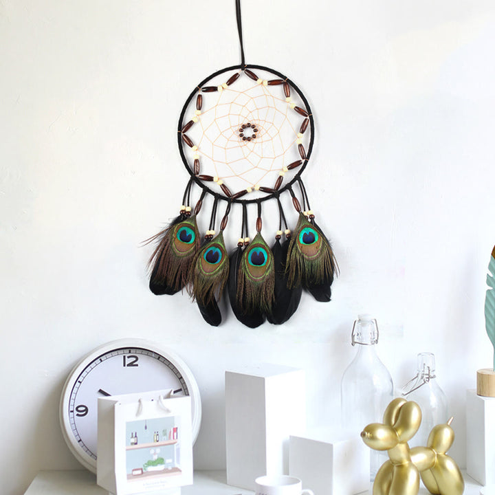 Olivenorma Hand Woven Natural Wooden Beads Feather Dream Catcher - Bronzite & Peacock Feather - image 16