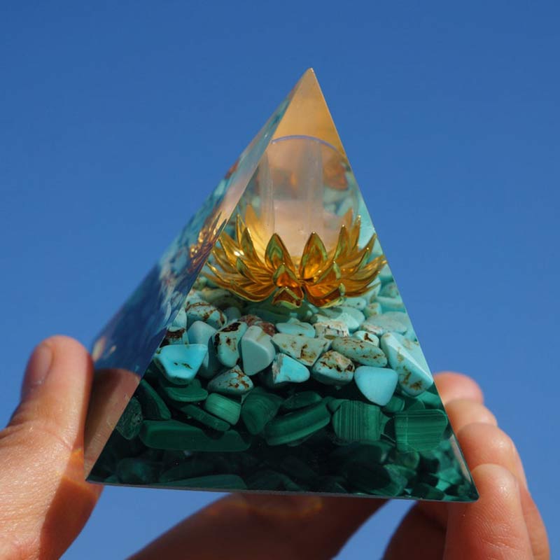 Clear Crystal Turquoise Malachite Lotus Symbol Orgone Pyramid - image 3