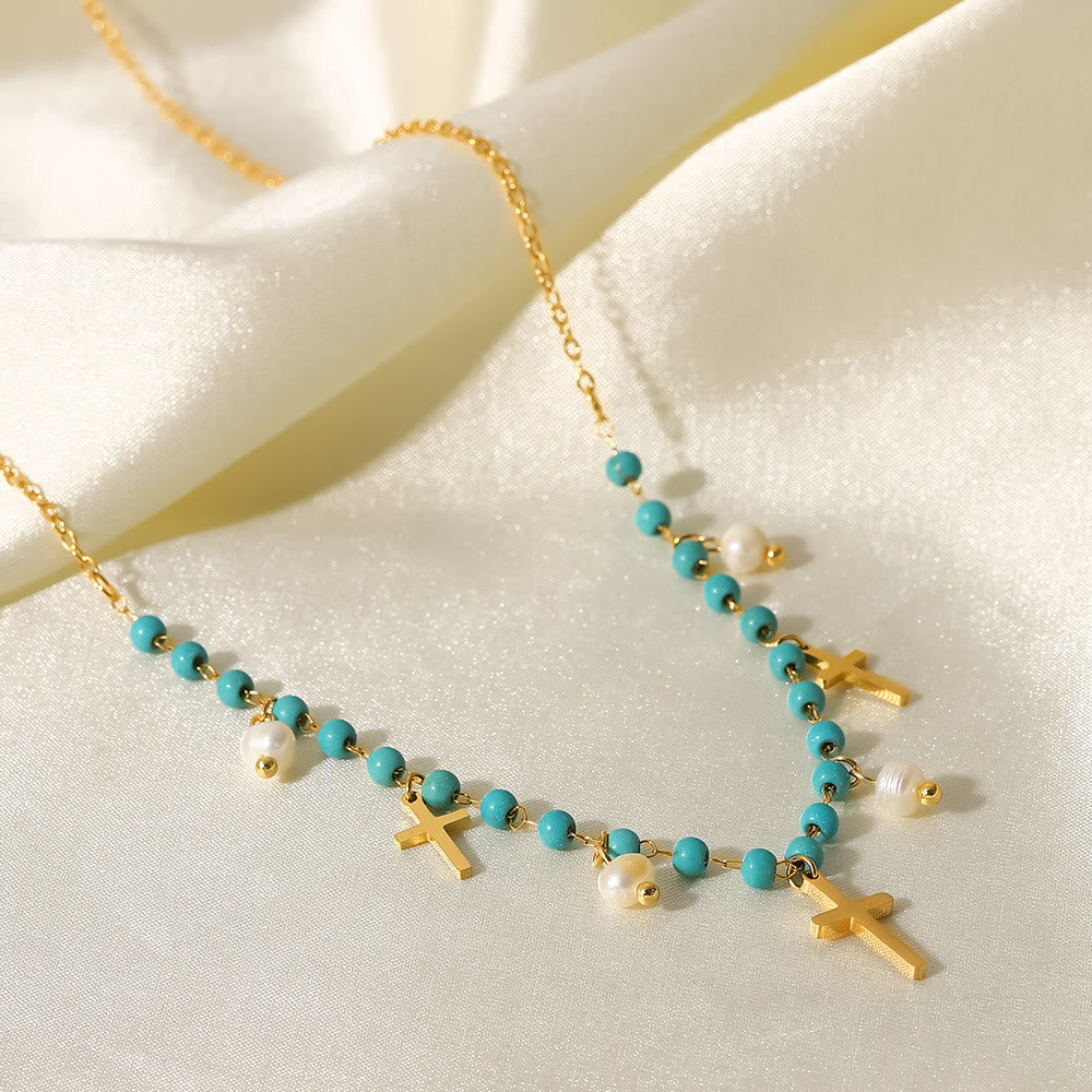 Olivenorma Turquoise Pearl Cross Pendant Tassel Necklace - image 3