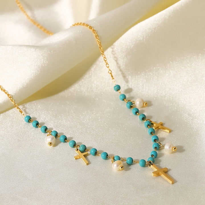 Olivenorma Turquoise Pearl Cross Pendant Tassel Necklace - image 3