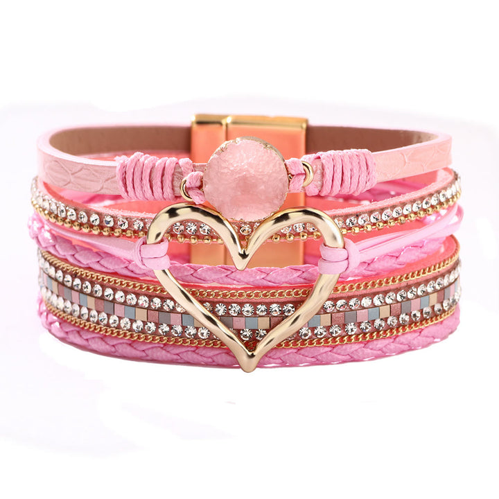 Olivenorma Bohemia Leather Wrap Hollow Heart Bracelet  - Rose Quartz - image 13