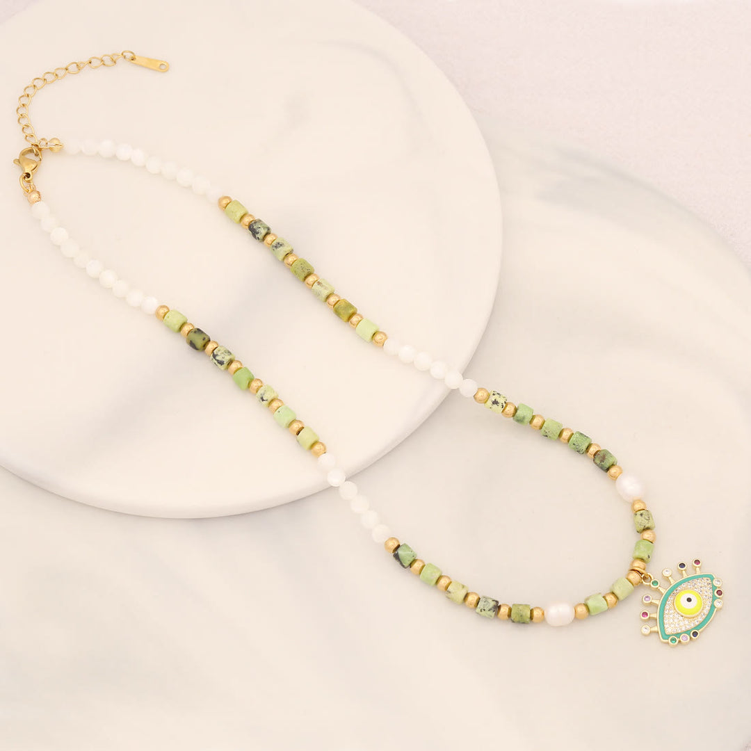 Olivenorma Natural Pearl Crystal Stone Evil Eye Pendant Necklace - Pearl&Green Emperor Stone - image 1