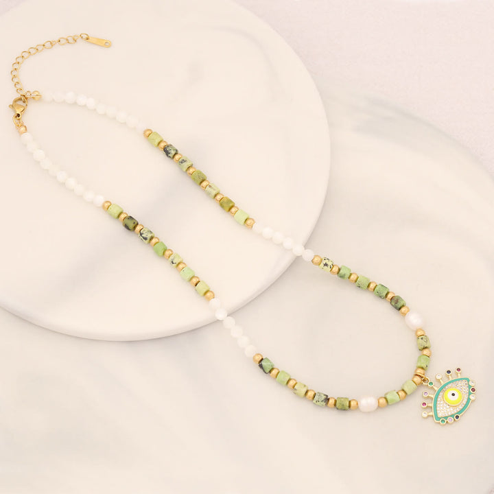 Olivenorma Natural Pearl Crystal Stone Evil Eye Pendant Necklace - Pearl&Green Emperor Stone - image 1