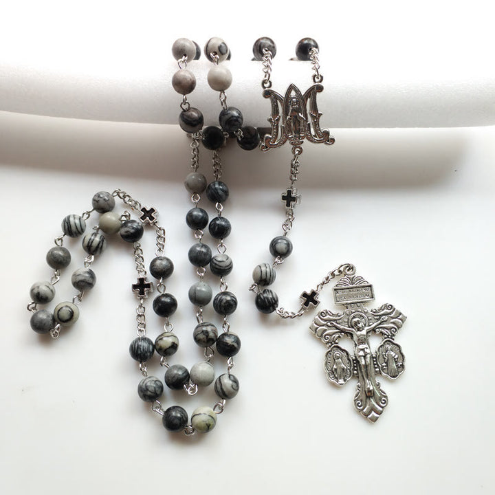 Olivenorma Black Network Agate Holy Mother Cross Rosary Necklace - image 2