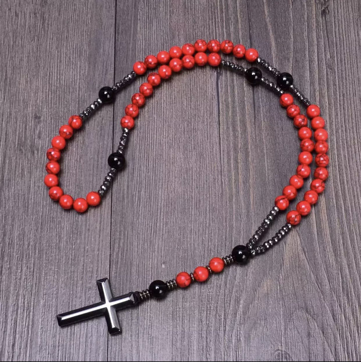 Olivenorma Cross Catholic Natural Stone Rosary Pendant Necklace - Red Turquoise - image 8