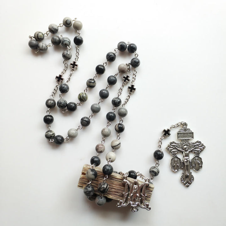 Olivenorma Black Network Agate Holy Mother Cross Rosary Necklace - image 3