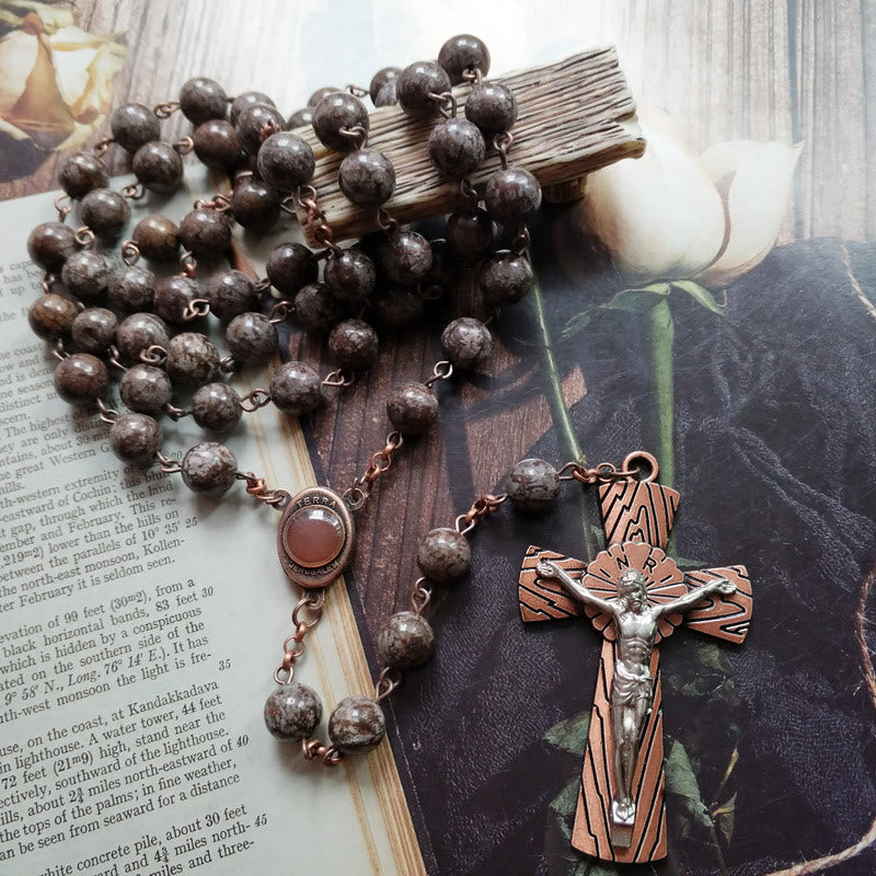 Olivenorma Snowflake Obsidian Jesus Cross Rosary Necklace - image 2