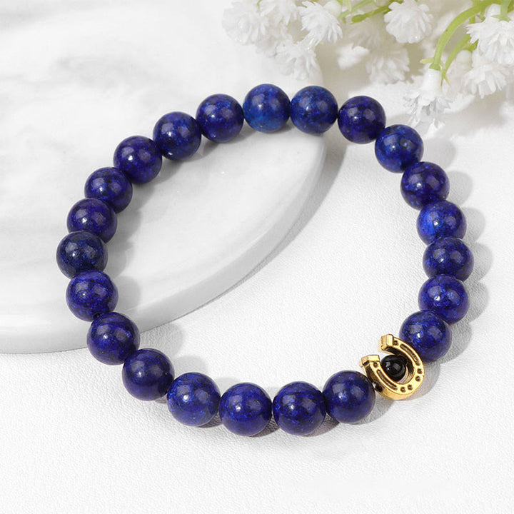 Olivenorma 8mm Natural Stone Beaded Horse Shoe Pendant Bracelet - Lapis Lazuli - image 0
