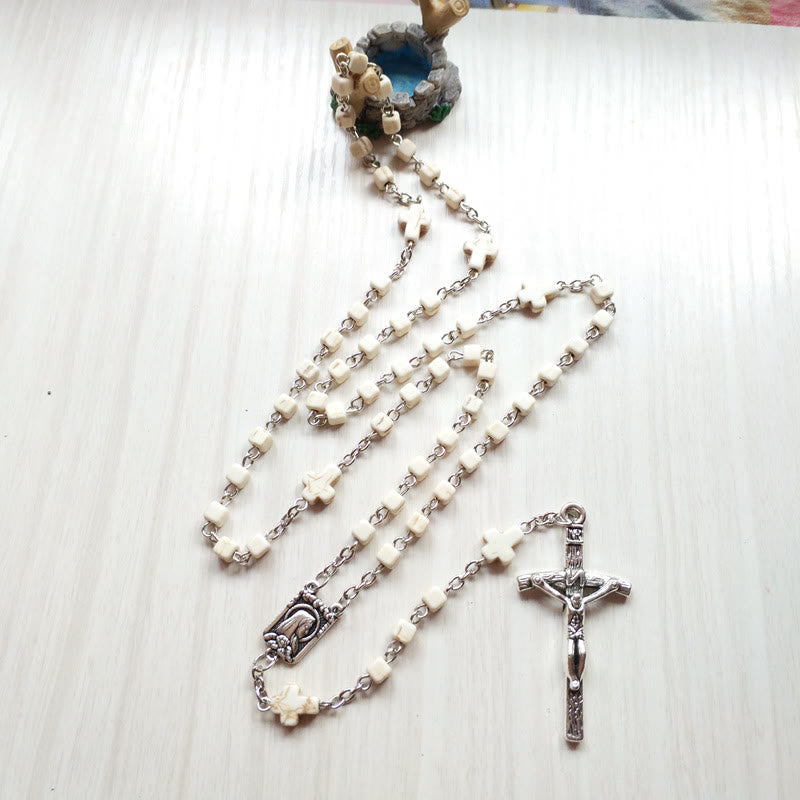 Olivenorma White Turquoise Cube Beaded Cross Rosary Necklace - image 2