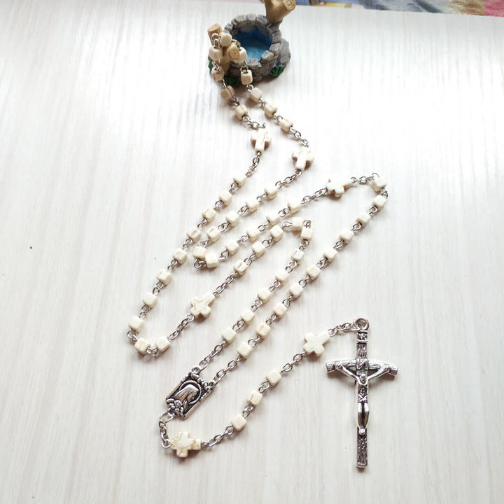 Olivenorma White Turquoise Cube Beaded Cross Rosary Necklace - image 2