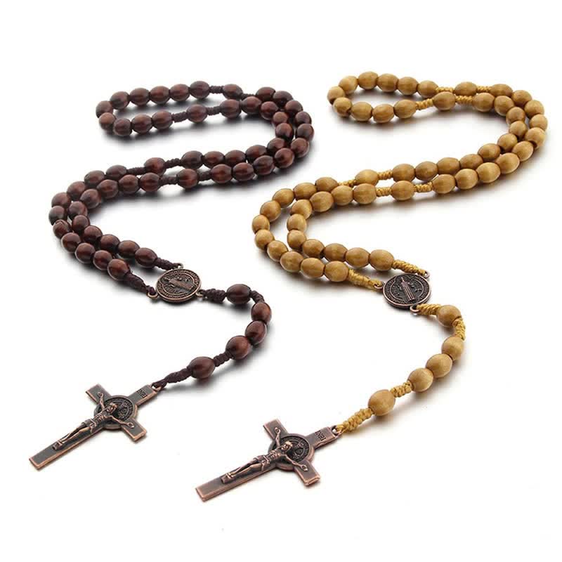 Olivenorma Knitted Vintage Cross Wood Rosary Necklace - image 9