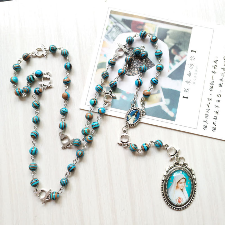 Olivenorma Azurite Malachite Lady Holy Medal Pendant Rosary Necklace - image 1