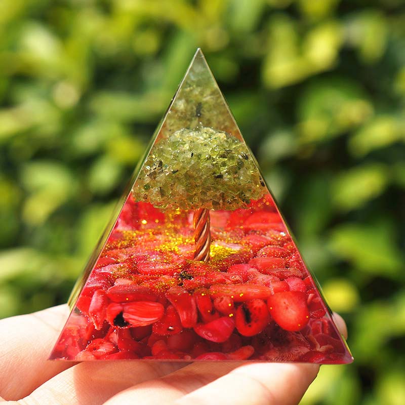 Olivenorma Peridot With Red Coral Tree Of Life Orgone Pyramid - image 2