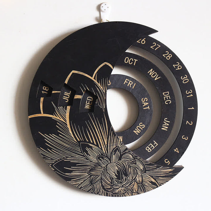 Olivenorma Circle Wooden Crescent Moon Perpetual Calendar Wall Decor - Black - image 4