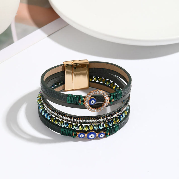 Olivenorma White Zircon Boho Evil Eye Metal Wide Leather Bracelet - Army Green&Evil Eye - image 7