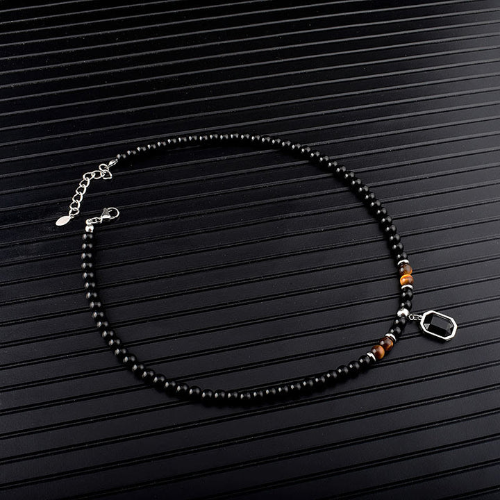 Olivenorma Tiger Eye Obsidian Beaded Men Titanium Steel Necklace - image 3