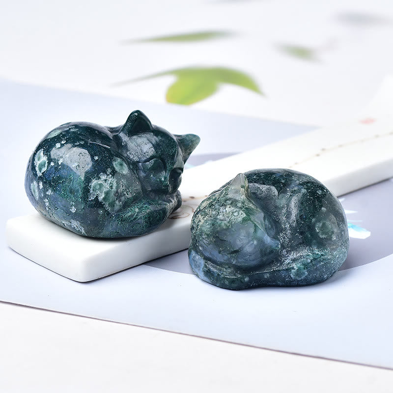 Olivenorma Moss Agate Sleeping Cat Carving Gemstone Decoration - image 3
