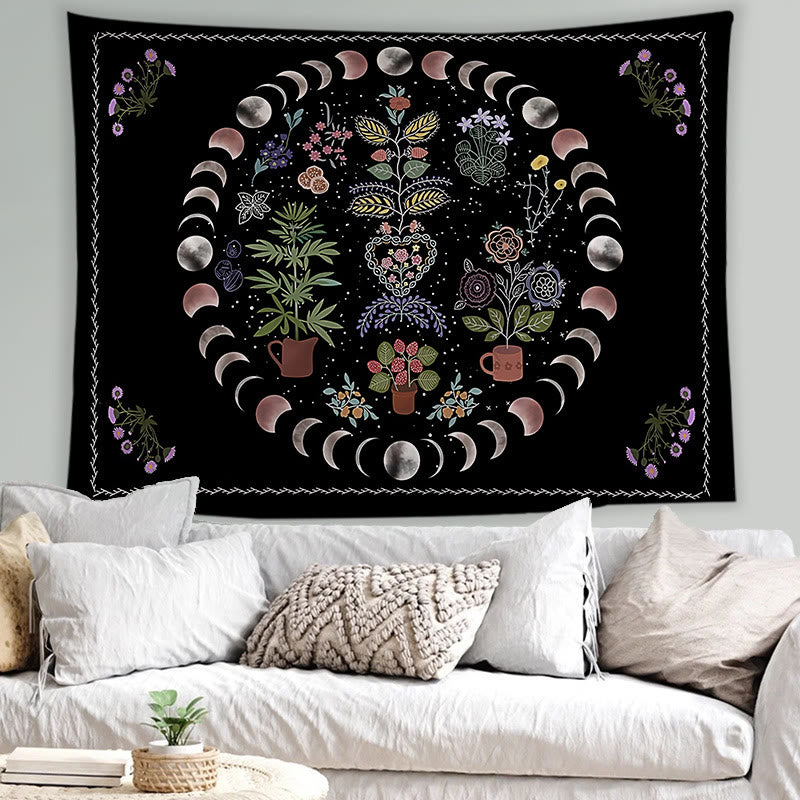 Olivenorma Sun Moon Tattoo Cat Meditation Wall Hanging Tapestry - Moon Phases & Plants - Brushed fabric - 78.74"*59.05"(200*150cm) - image 0