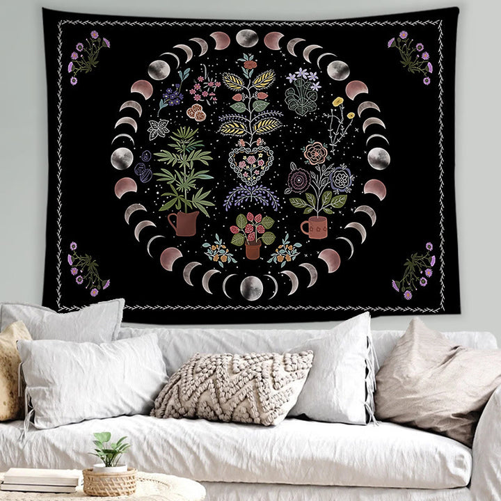 Olivenorma Sun Moon Tattoo Cat Meditation Wall Hanging Tapestry - Moon Phases & Plants - Brushed fabric - 78.74"*59.05"(200*150cm) - image 0