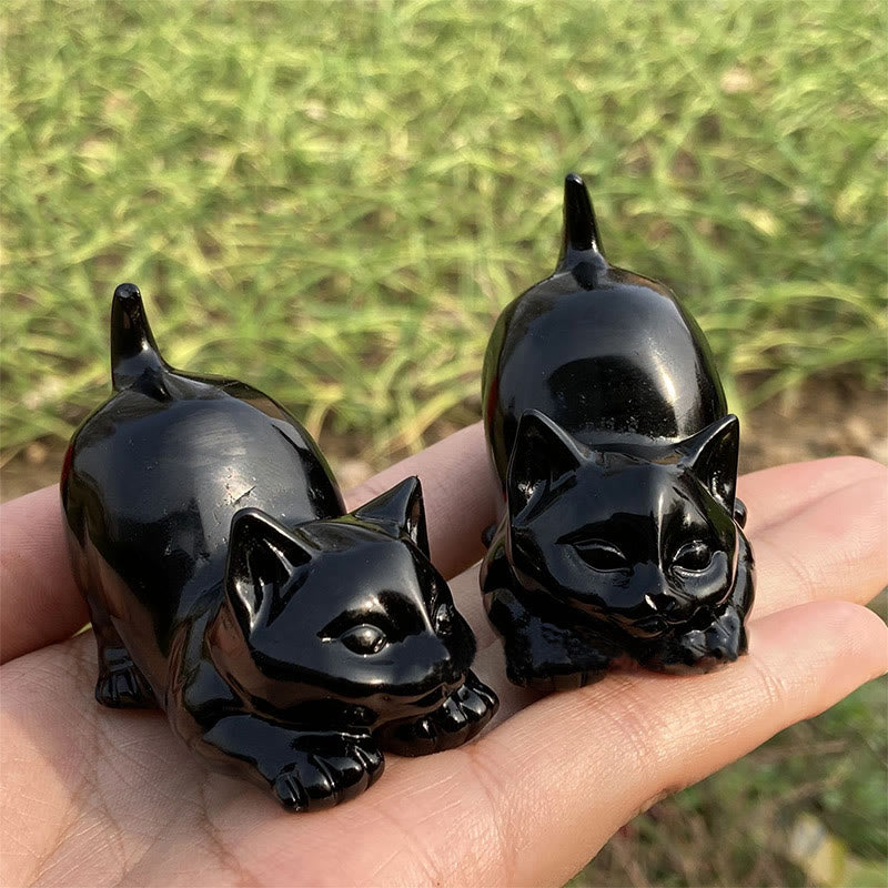 Olivenorma Natural Crystal Obsidian Cat Carving Gemstone Decoration - image 2