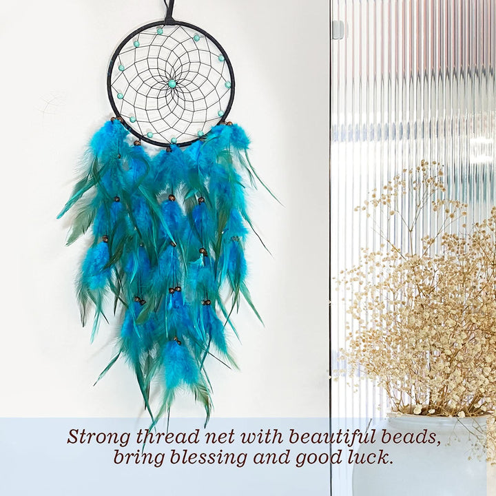 Olivenorma Turquoise Beaded Braided Floral Blue Feather Dream Catcher - image 5