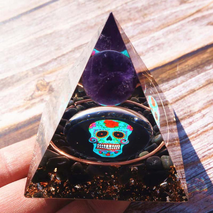 Olivenorma Amethyst&Obsidian Skull Symbol Orgone Pyramid - image 5