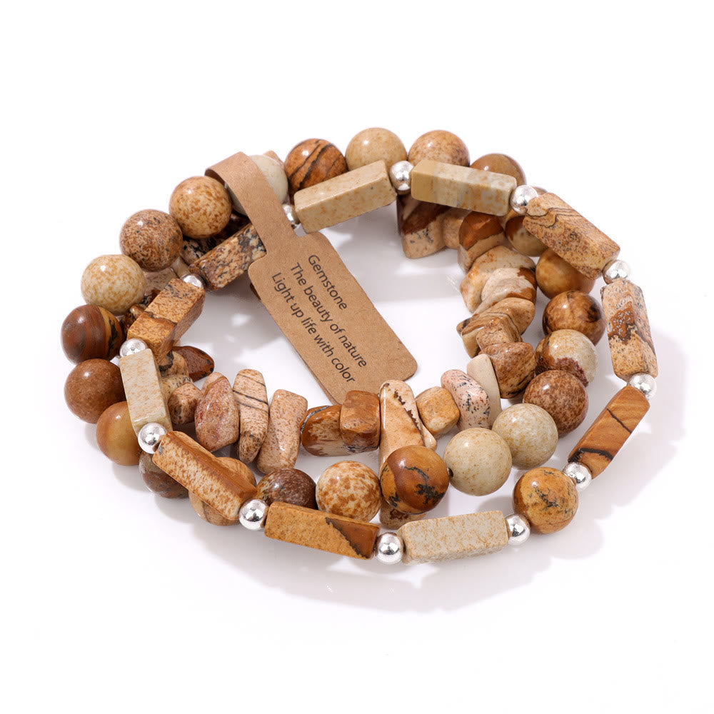 Olivenorma Natural Stone Irregular Three Layer Bracelet Set - Bronzite - image 7