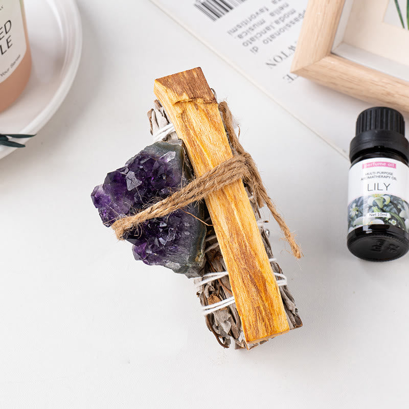 Olivenorma White Sage Peruvian Sacred Wood Strips Crystal 3-Piece Set - Amethyst Cluster - image 1