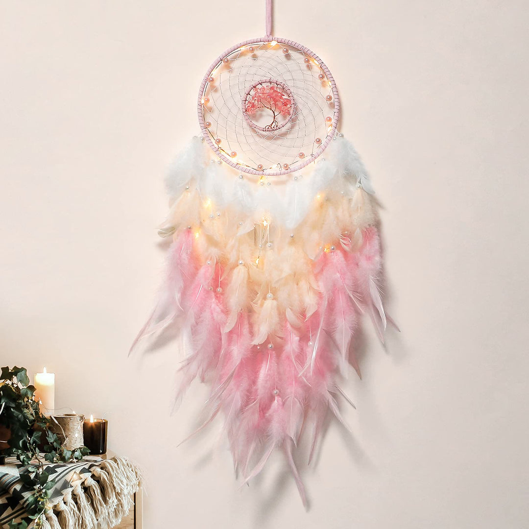 Olivenorma Crystal Tree Of Life Feather Glow Dream Catcher - Freshwater Pearl&Rose Quartz - With Lights - image 10